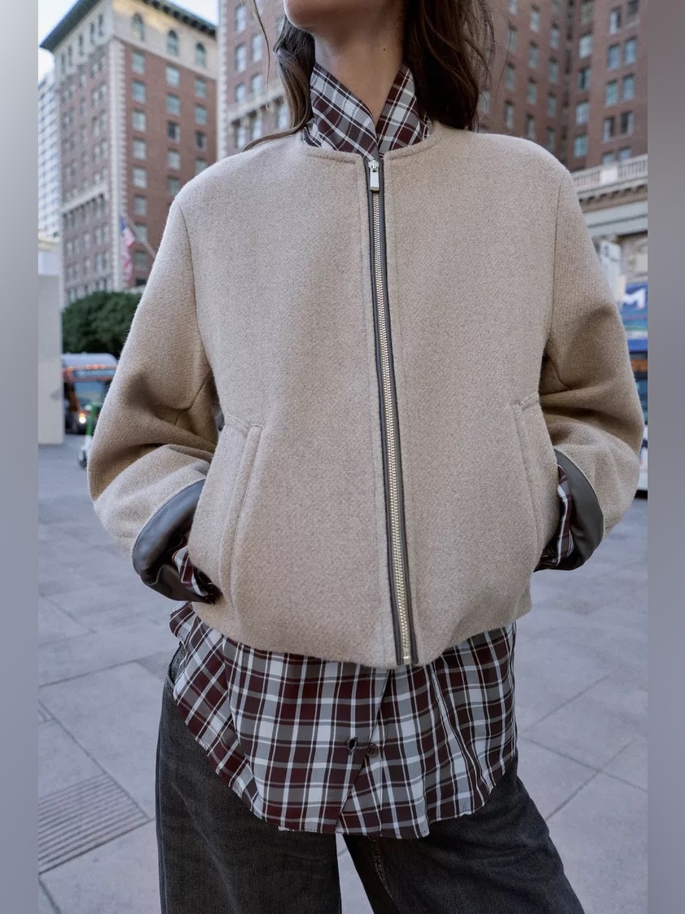 Zara Beige Cropped Jacket with Dark faux leather trim bomber. POP - Picture 10 of 12